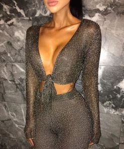 Sorelle New Arrivals Ariella Metallic Tie Top - Gun Metal