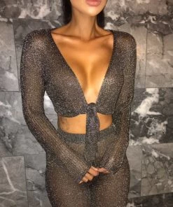 Sorelle New Arrivals Ariella Metallic Tie Top - Gun Metal 9 Sorelle New Arrivals Ariella Metallic Tie Top - Gun Metal