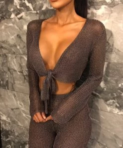 Sorelle New Arrivals Ariella Metallic Tie Top - Gun Metal 7 Sorelle New Arrivals Ariella Metallic Tie Top - Gun Metal