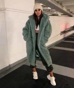 Sorelleuk Luxury Oversized Hooded Teddy Coat - Sage