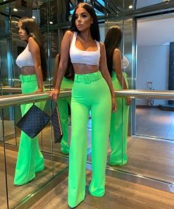 Sorelle Lilly Belted Palazzo Trousers - Lime