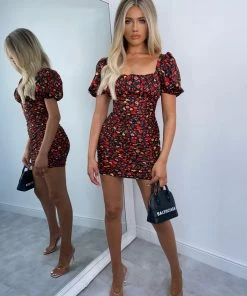 Sorelleuk Remy Floral Ruched Dress - Red (SALE) New Arrivals