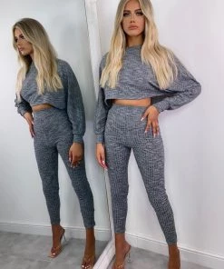 Sorelleuk New Arrivals Masie Ribbed Two Piece Loungwear - Grey