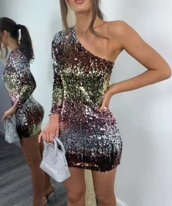 Sorelleuk Presley One Shoulder Sequin Dress - Bronze New Arrivals
