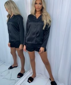 Sorelleuk New Arrivals Alex Short Silk Pyjamas - Black