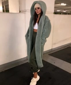 Sorelleuk Luxury Oversized Hooded Teddy Coat - Sage