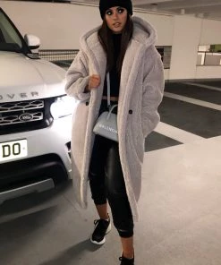 Sorelleuk Luxury Oversized Hooded Teddy Coat - Ice Grey