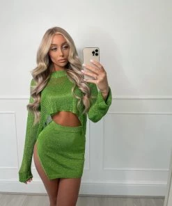 Sorelleuk New Arrivals Chloe Petite Metallic Two Piece - Emerald