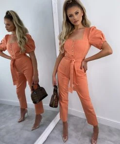 Sorelleuk Learna Puff Sleeve Jumpsuit - Peach New Arrivals