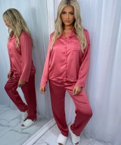 Sorelleuk New Arrivals Flissy Long Silk Pyjamas - Dark Pink