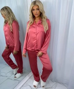 Sorelleuk New Arrivals Flissy Long Silk Pyjamas - Dark Pink