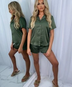 Sorelleuk Roxanna Short Sleeve Silk Pyjamas - Khaki