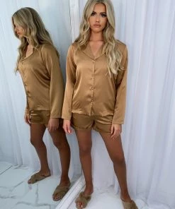 Sorelleuk New Arrivals Alex Short Silk Pyjamas - Bronze