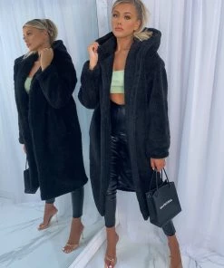 Sorelleuk Luxury Oversized Hooded Teddy Coat - Black Clothing