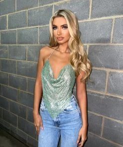 Sorelleuk New Arrivals Holly Luxe Diamanté Top - Emerald