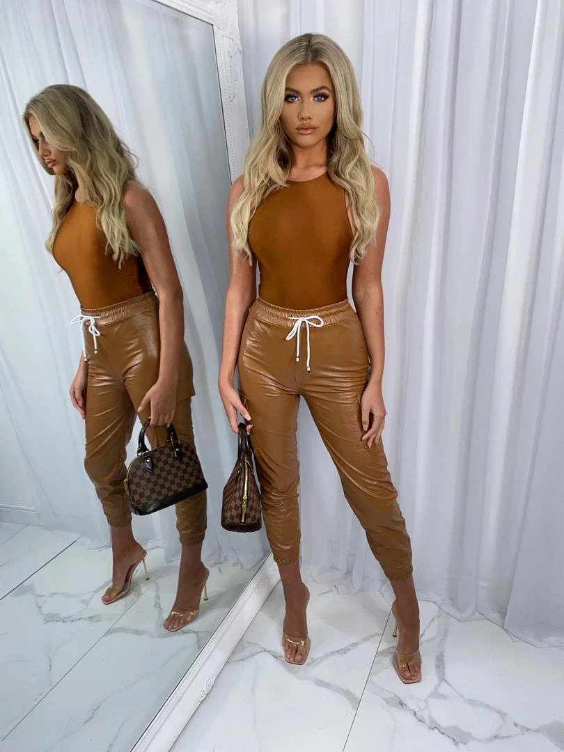 Sorelleuk Kenni Faux Leather Cargo Trousers - Tan (SALE) New Arrivals 4 Sorelleuk Kenni Faux Leather Cargo Trousers - Tan (SALE) New Arrivals