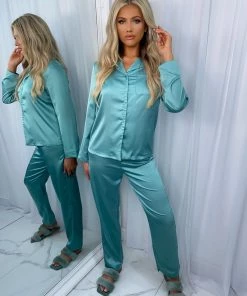 Sorelleuk Flissy Long Silk Pyjamas - Sage