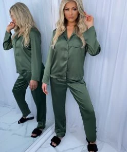 Sorelleuk Flissy Long Silk Pyjamas - Khaki