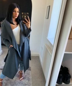 Sorelleuk Waterfall Duster Belted Long Coat - Dark Grey (SALE) New Arrivals