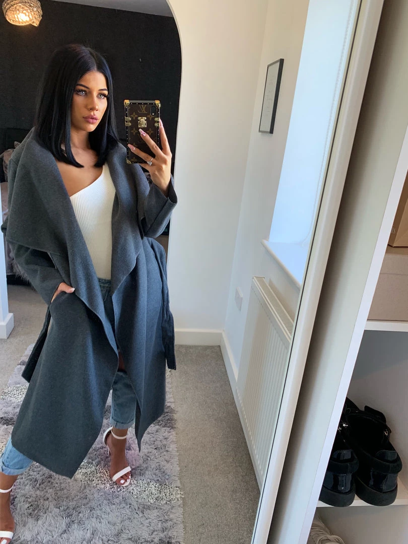 Sorelleuk Waterfall Duster Belted Long Coat - Dark Grey (SALE) New Arrivals 1 Sorelleuk Waterfall Duster Belted Long Coat - Dark Grey (SALE) New Arrivals