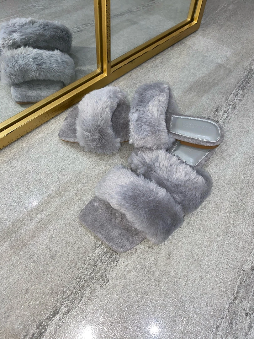 Sorelleuk New Arrivals Issy Fluffy Double Strap Slippers - Grey(SALE) 3 Sorelleuk New Arrivals Issy Fluffy Double Strap Slippers - Grey(SALE)