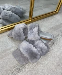 Sorelleuk New Arrivals Issy Fluffy Double Strap Slippers - Grey(SALE)
