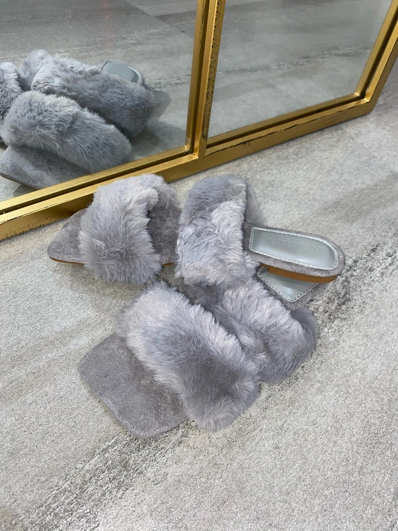 Sorelleuk New Arrivals Issy Fluffy Double Strap Slippers - Grey(SALE) 2 Sorelleuk New Arrivals Issy Fluffy Double Strap Slippers - Grey(SALE)
