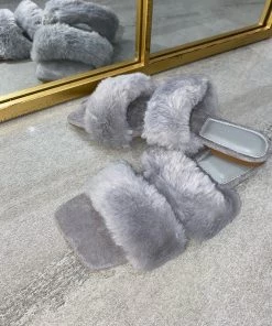 Sorelleuk New Arrivals Issy Fluffy Double Strap Slippers - Grey(SALE)