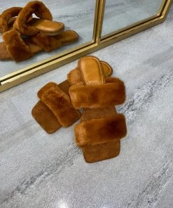 Sorelleuk Issy Fluffy Double Strap Slippers - Tan(SALE)