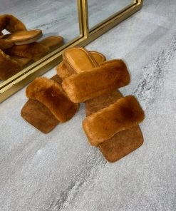 Sorelleuk Issy Fluffy Double Strap Slippers - Tan(SALE)