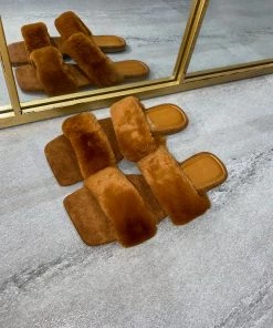 Sorelleuk Issy Fluffy Double Strap Slippers - Tan(SALE)