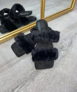 Sorelleuk Issy Fluffy Double Strap Slippers - Black(SALE)
