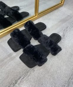 Sorelleuk Issy Fluffy Double Strap Slippers - Black(SALE) 6 Sorelleuk Issy Fluffy Double Strap Slippers - Black(SALE)