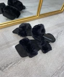 Sorelleuk Issy Fluffy Double Strap Slippers - Black(SALE)