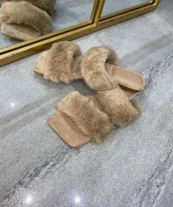 Sorelleuk Issy Fluffy Double Strap Slippers - Nude(SALE)