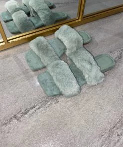 Sorelleuk Issy Fluffy Double Strap Slippers - Sage(SALE)
