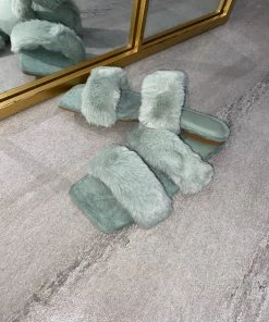Sorelleuk Issy Fluffy Double Strap Slippers - Sage(SALE)