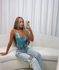 Sorelleuk Cindie Chainmail Top - Turquoise New Arrivals