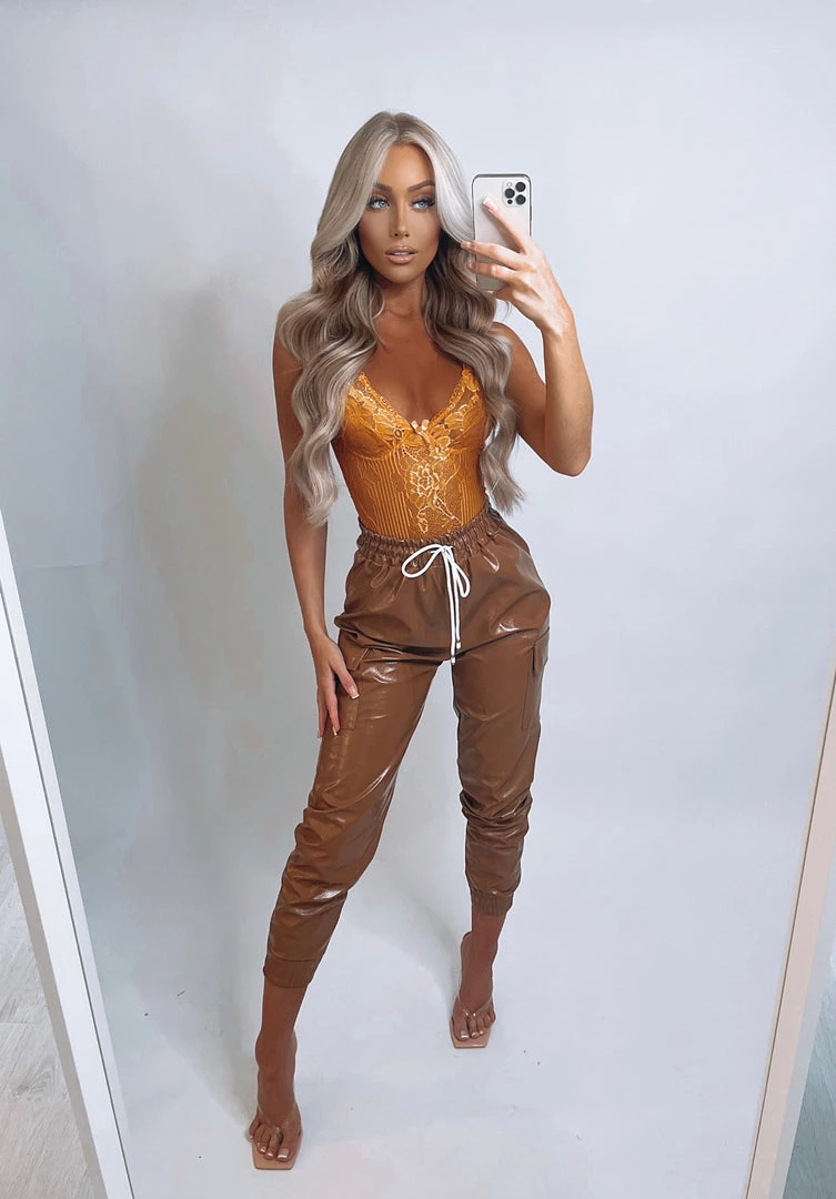 Sorelleuk Kenni Faux Leather Cargo Trousers - Tan (SALE) New Arrivals 1 Sorelleuk Kenni Faux Leather Cargo Trousers - Tan (SALE) New Arrivals