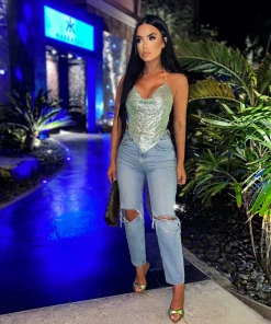 Sorelleuk New Arrivals Holly Luxe Diamanté Top - Emerald