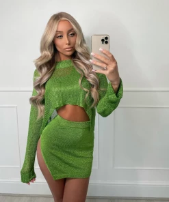 Sorelleuk New Arrivals Chloe Petite Metallic Two Piece - Emerald