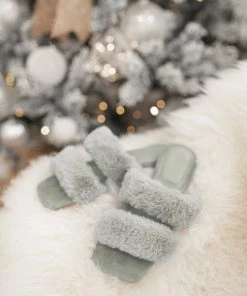 Sorelleuk Issy Fluffy Double Strap Slippers - Sage(SALE)