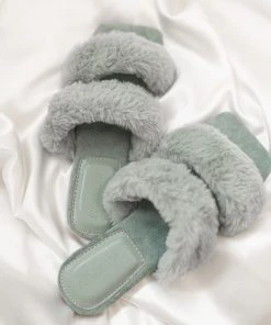Sorelleuk Issy Fluffy Double Strap Slippers - Sage(SALE)