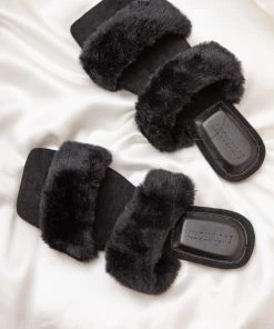 Sorelleuk Issy Fluffy Double Strap Slippers - Black(SALE) 7 Sorelleuk Issy Fluffy Double Strap Slippers - Black(SALE)