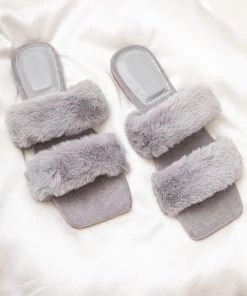 Sorelleuk New Arrivals Issy Fluffy Double Strap Slippers - Grey(SALE) 7 Sorelleuk New Arrivals Issy Fluffy Double Strap Slippers - Grey(SALE)